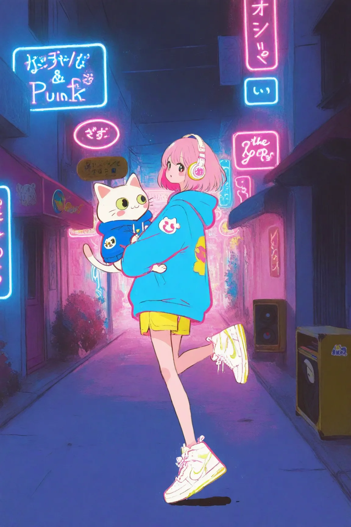 has an energetic and bright expression on the street where neon lights shine at night A girl in her late s is walking,pop icons such as stars,pastelピンクのボブヘアにカラフルなヘアピンを複数つけている,pastel yellow shorts,Clothes are oversized, bright blue hoodies、pastelイエローのショートパンツ、white Nike sneakers,The girl rolls a record box with a carry with her right hand,The record box is white、music and anime characters、full of colorful stickers with the brand logo,kicks one leg forward so you can see walking movements, overaction gait,Buildings,road signs,the background and surroundings are cute cartoon style,Soft Shadows,pastel＆based on vivid colors,large white headphones on the neck、pink and blue neon lights and the city are floating in the background,high definition,bright and pop atmosphere,drawing in every detail, Anime Moe Art Style, Cute Core, cute art style,  cute anime , Official Artwork, cute little character girl, candy punk character design,Lots of rabbits and cats at the girl's feet