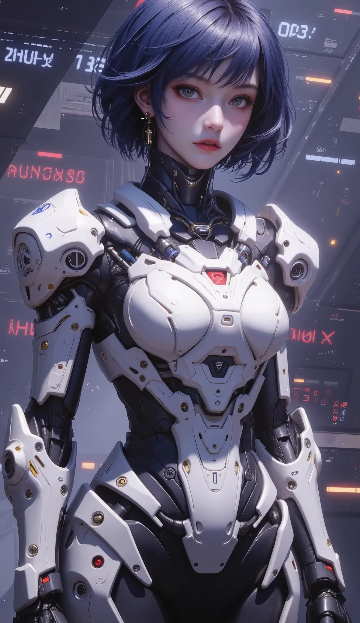 4K animation style image quality, Digital Drawing Mode ,A Shy and Shy Engineer,with short dark blue hair and dark gray blue eyes,Wears Negan Negeri IS Battle Armor,Dressed in White and Dark Blue Outer Armor,Standing in Advanced,Surrounded by Data Streams a...
