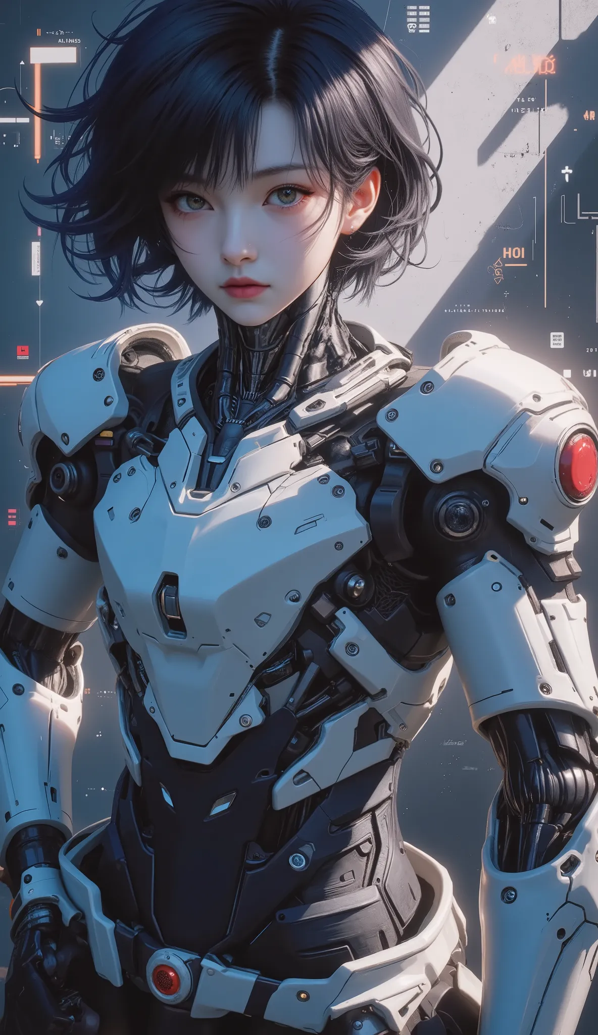 4K animation style image quality, Digital Drawing Mode ,A Shy and Shy Engineer,with short dark blue hair and dark gray blue eyes,Wears Negan Negeri IS Battle Armor,Dressed in White and Dark Blue Outer Armor,Standing in Advanced,Surrounded by Data Streams a...