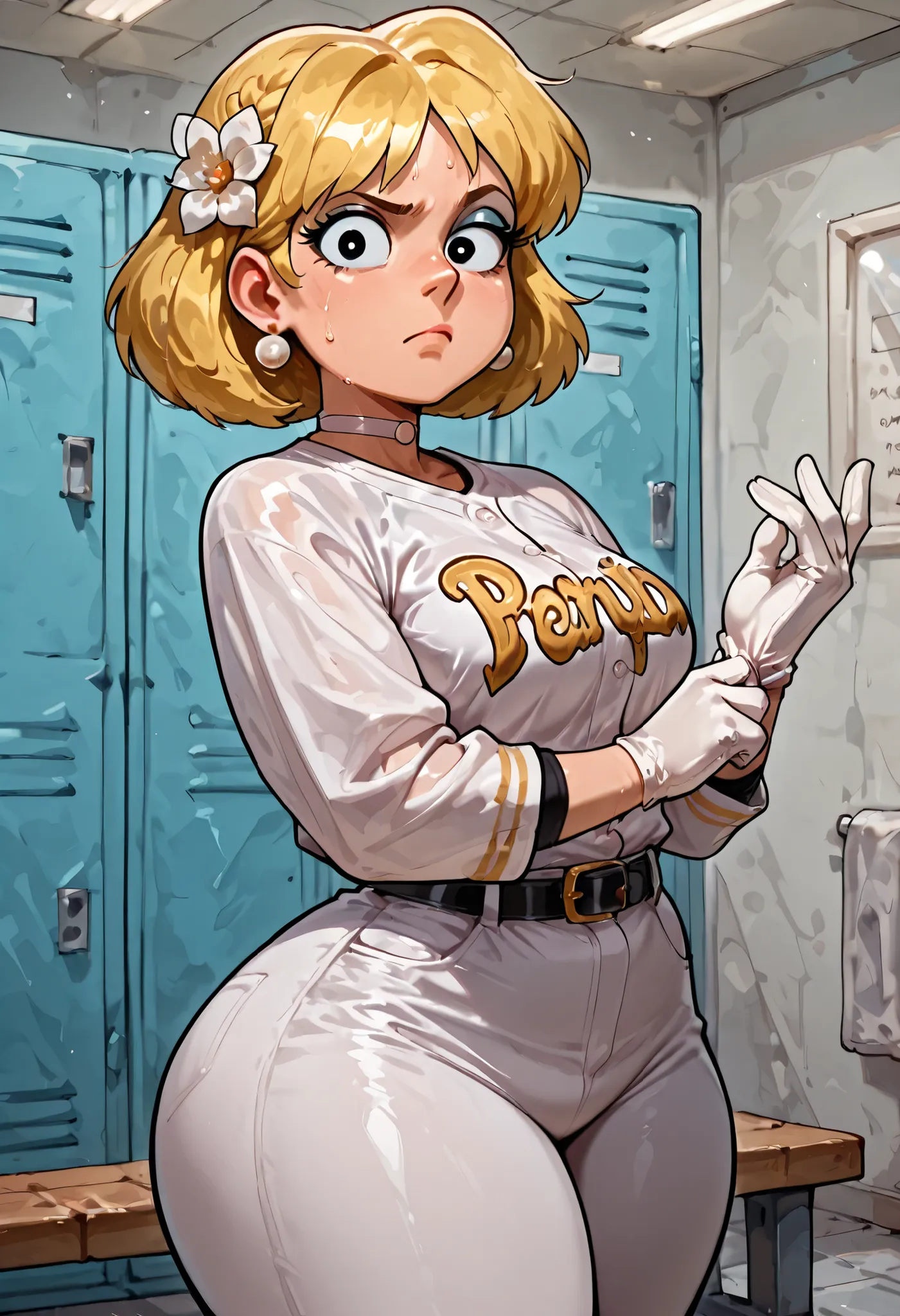 Lori Loud. medium breasts, huge hips, blonde hair, black eyes, blue eyeshadow, pearl earrings, white earrings. choker.| masterpiece, best quality, 1girl, solo, hair flower, braided hair ring, baseball jersey, baseball uniform, long sleeves, undershirt, whi...
