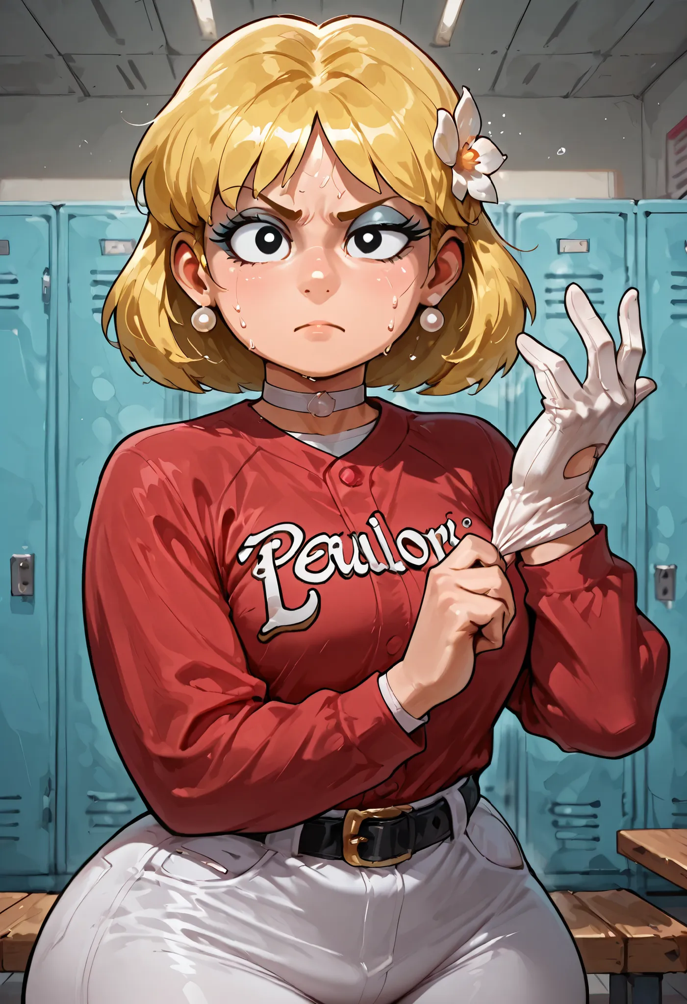 Lori Loud. medium breasts, huge hips, blonde hair, black eyes, blue eyeshadow, pearl earrings, white earrings. choker.| masterpiece, best quality, 1girl, solo, hair flower, braided hair ring, baseball jersey, baseball uniform, long sleeves, undershirt, whi...