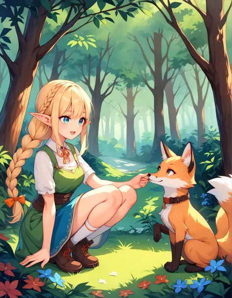 An elf girl plays with a fox in the forest. She is still young and can communicate with animals, playing with the fox as if they were friends. She crouches down and meets the fox's eye level, looking at each other with a happy look on her face. It is the s...