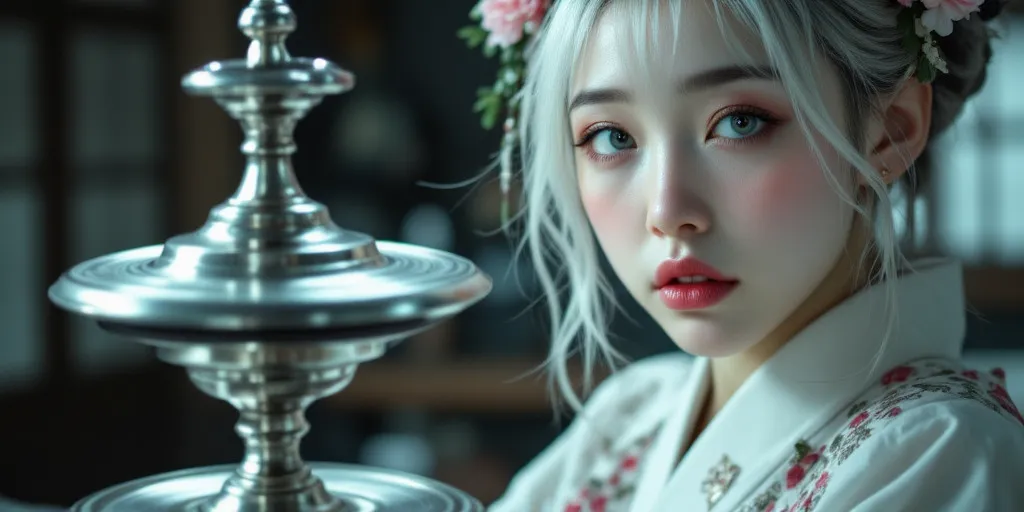 Beautiful Japanese Girl, silver hair, has silver eyes, Shiny skin , Spong Master, Spinning Top, professional, full body photo, fantasy scene during treatment, high resolution, EXQUISITE DETAILS, glass texture, Shining Metal Spong, Beautiful background, detailed description, fantastic feeling, Precise Illustration