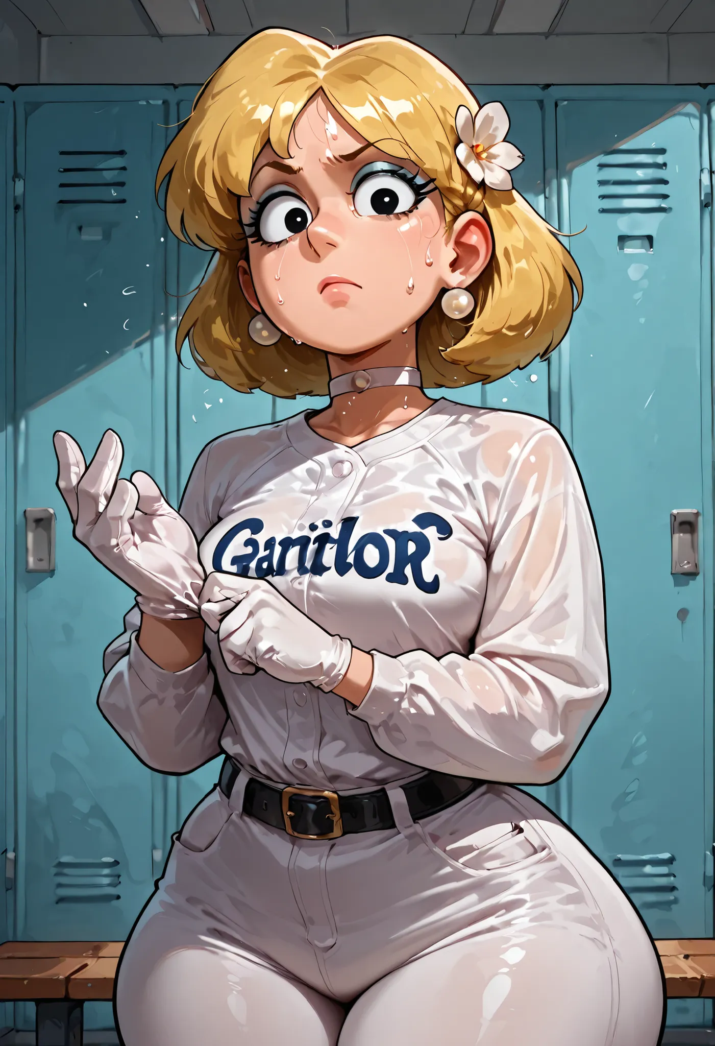 Lori Loud. medium breasts, huge hips, blonde hair, black eyes, blue eyeshadow, pearl earrings, white earrings. choker.| masterpiece, best quality, 1girl, solo, hair flower, braided hair ring, baseball jersey, baseball uniform, long sleeves, undershirt, whi...