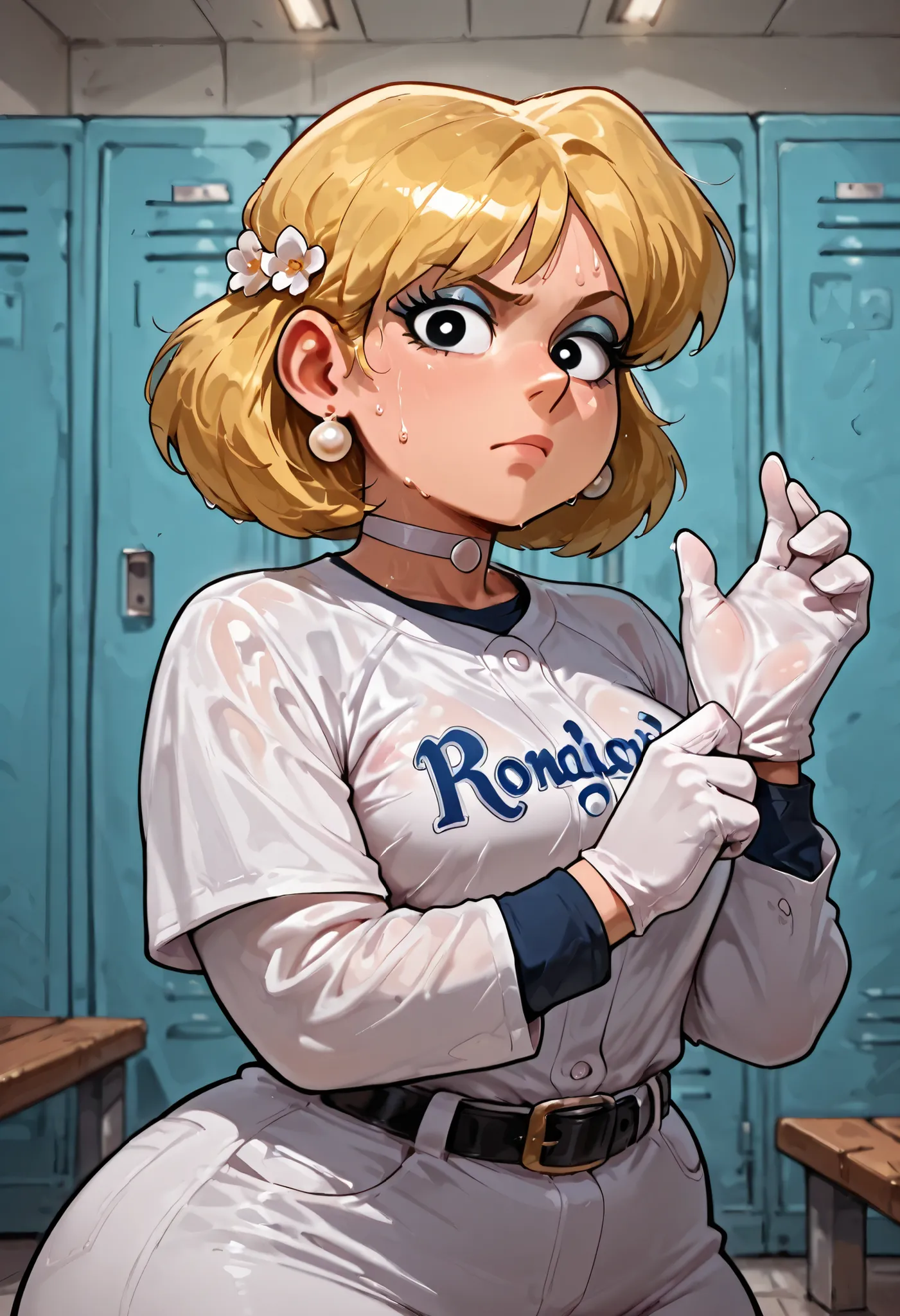 Lori Loud. medium breasts, huge hips, blonde hair, black eyes, blue eyeshadow, pearl earrings, white earrings. choker.| masterpiece, best quality, 1girl, solo, hair flower, braided hair ring, baseball jersey, baseball uniform, long sleeves, undershirt, whi...