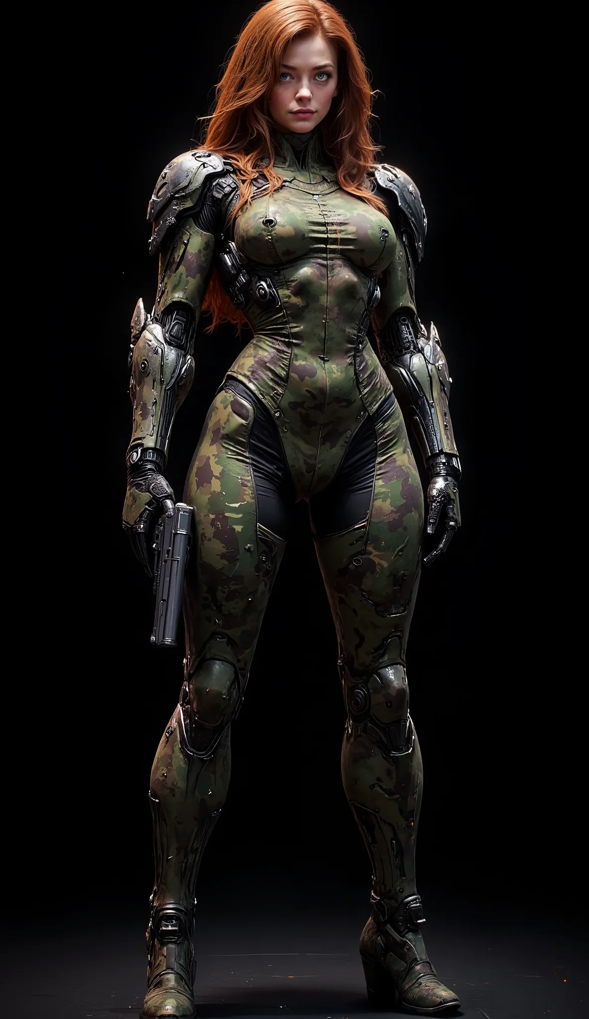 Full image of a 20 year old woman, high quality, 4k, she is a futuristic warrior, very pretty, redhead with abundant hair that reaches her waist, her wavy hair falls over her small breasts. Tiny chest, very small chest, bangs, very detailed layered hair. V...