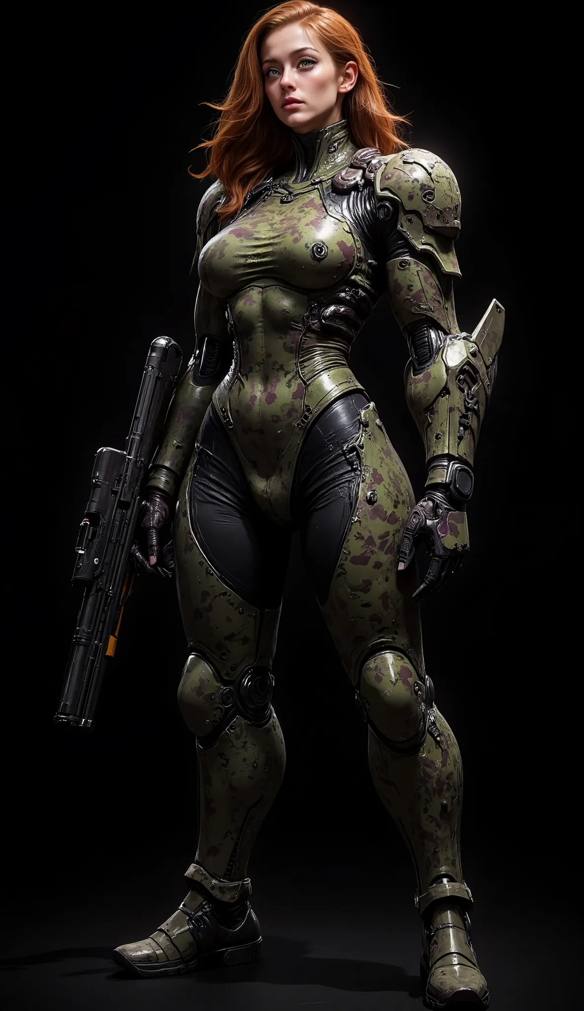 Full image of a 20 year old woman, high quality, 4k, she is a futuristic warrior, very pretty, redhead with abundant hair that reaches her waist, her wavy hair falls over her small breasts. Tiny chest, very small chest, bangs, very detailed layered hair. V...