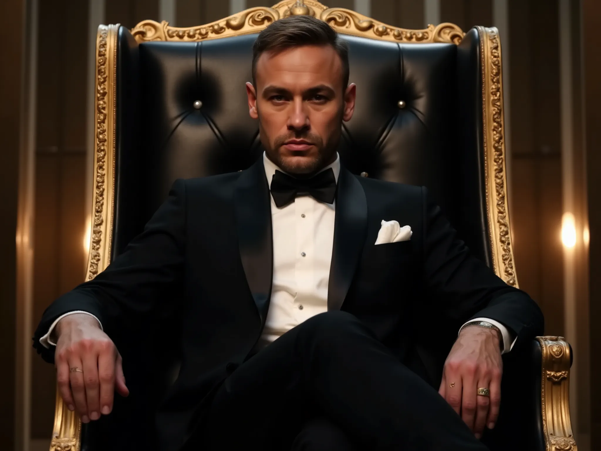 a man in gala clothes sitting in an epic 007 style chair