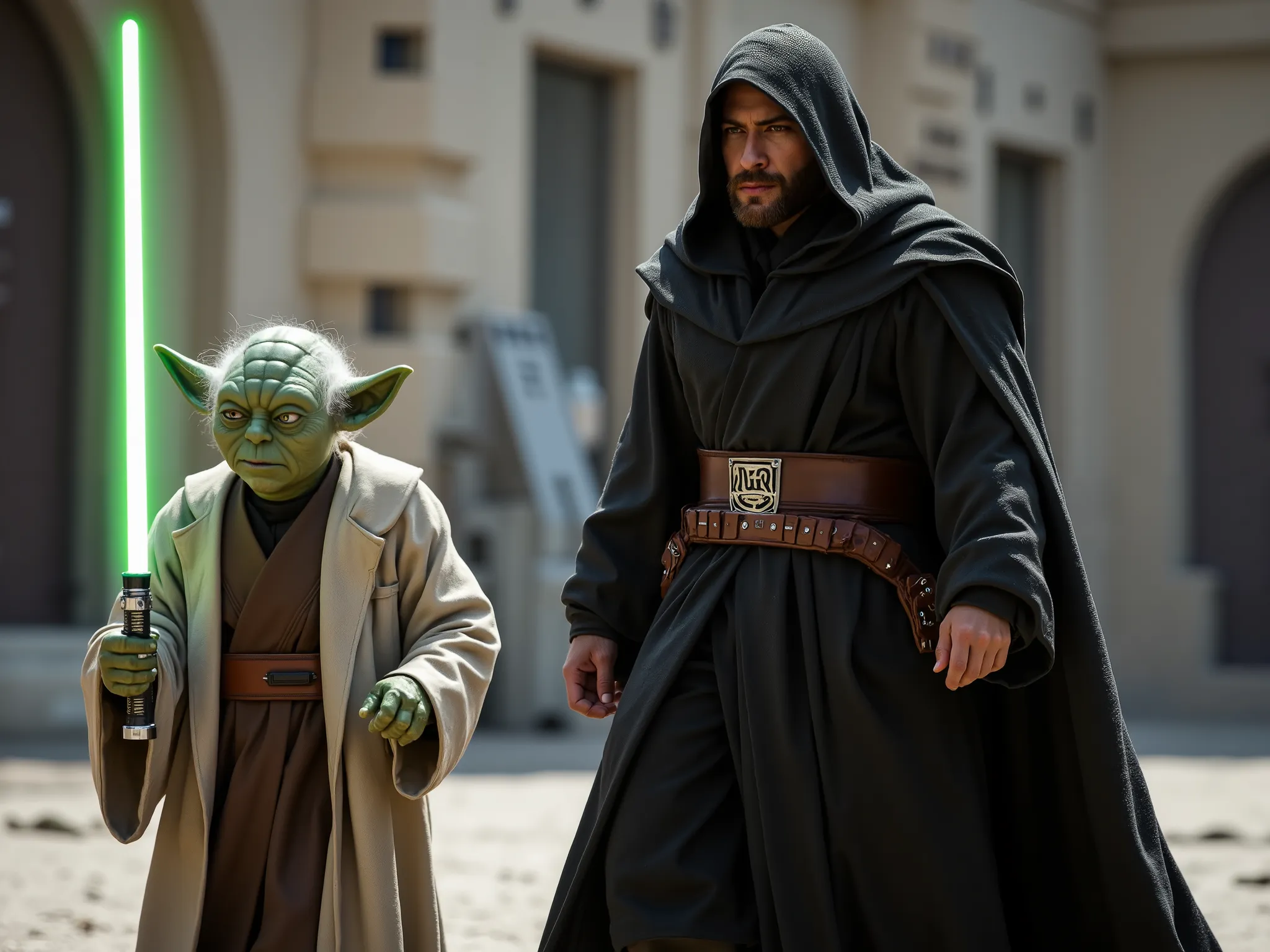 scenario dressed as a Jedi with a sword in his hand and with an imposing pose, At their side is Yoda, and they are in a typical StarWars