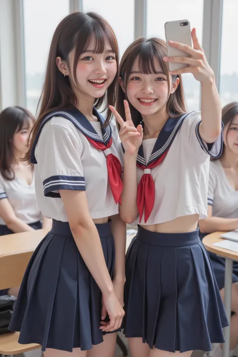 in the classroom, standing, Taking a selfie with a friend, Holding a smartphone in hand, Looking at smartphone, piece sign, 2 girls, beautiful young Japanese girls, (short sleeve white blouse, sailor collar, red neckerchief, navy blue pleated skirt:1.2), l...