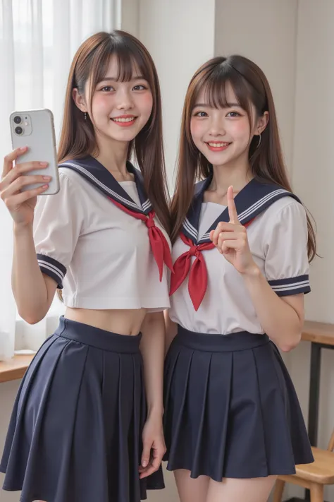 in the classroom, standing, Taking a selfie with a friend, Holding a smartphone in hand, Looking at smartphone, piece sign, 2 girls, beautiful young Japanese girls, (short sleeve white blouse, sailor collar, red neckerchief, navy blue pleated skirt:1.2), l...