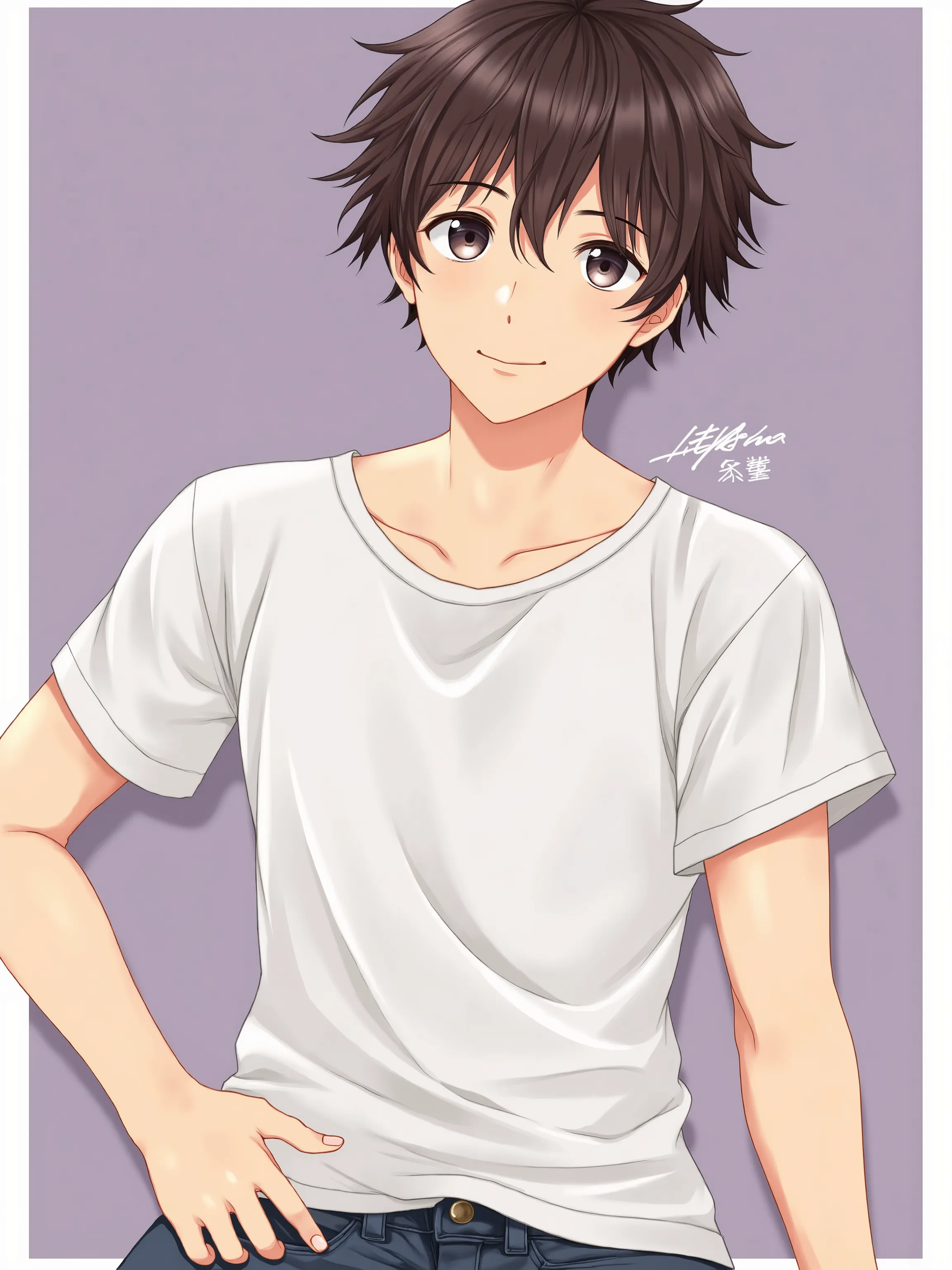 18 years old，anime man，anime style，Normal casual wear， beautiful face ，Handsome，Center with the Chinese subtitle “Little Chi Licks Dog”