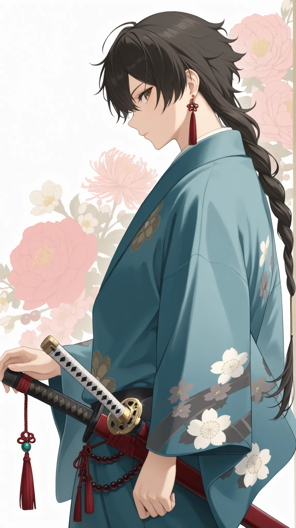 solo, long hair, long sleeves, looking at viewer, white background, 1girl, closed mouth, jewelry, standing, braid, famale focus, flower, weapon, cowboy shot, earrings, japanese clothes, sword, kimono, from side, single braid, profile, floral print, katana,...