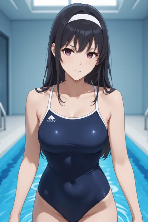 A woman with long black hair in a navy blue one-piece swimsuit with a white band came out of the pool
