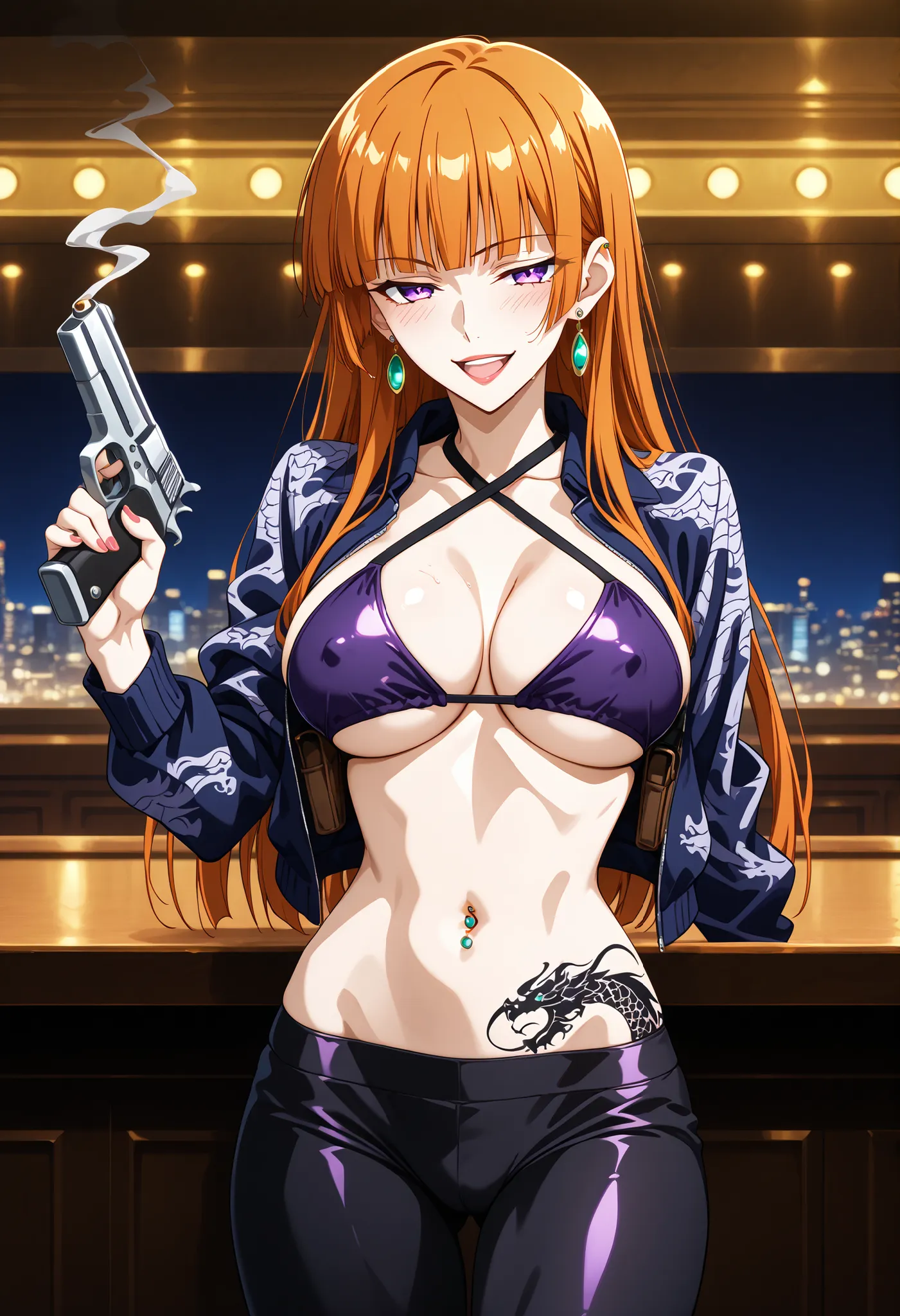 1girl , solo , , earrings , brown hair , orange hair , hair bangs , , purple eyes ,  , brown hair , hime cut , purple eyes ,, ear piercing , long hair , blush , lipstick , Hot girl , baddie , smoking , sensual , attractive ,pull_down leggings,(show
off pan...
