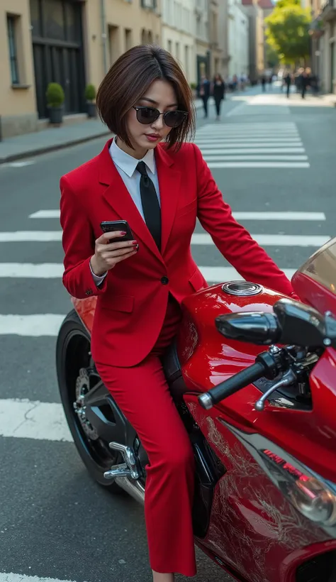 superrealism, photorealistic, ((ultra-low side angle shooting, looking up at a girl)), a profile cinematic photo of a beautiful sexy brunette paparazzi exiting a futuristic motorcycle parked at the zebra crossing. The woman has a bob haircut. She wears a r...
