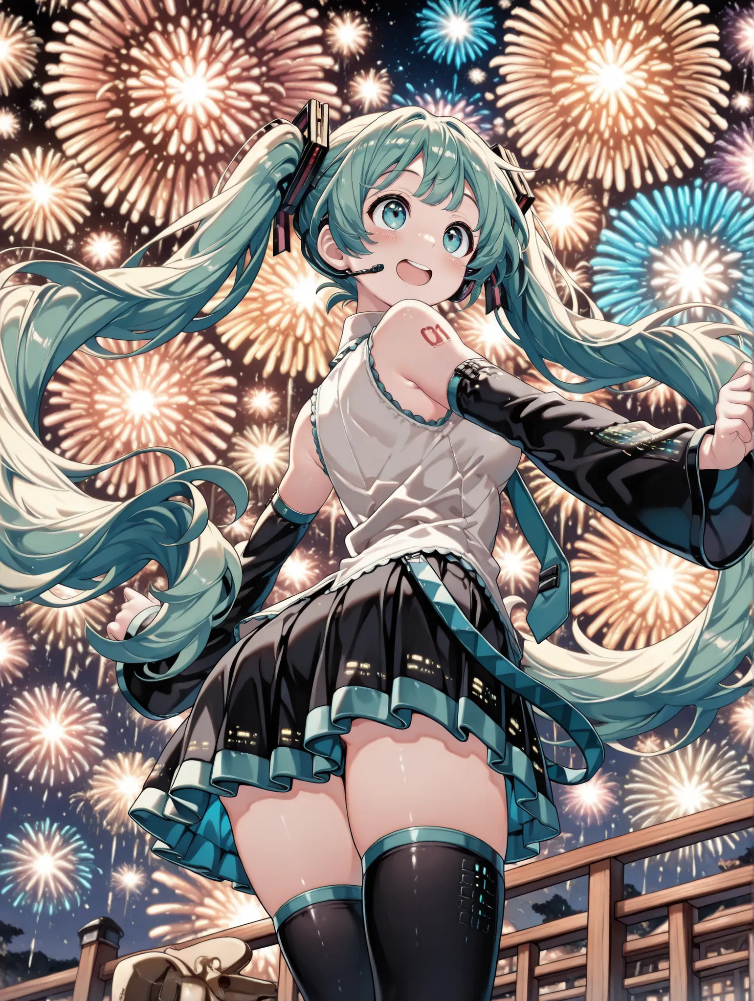 (masterpiece、Highest Quality、Highest Quality、Official Art、beautiful and beautiful:1.2)、(1人の少female:1.3)Hatsune Miku、beautiful breasts、light green twin tail、(masterpiece:1.2),(Highest Quality),(very well detailed),(high definition),8k,wallpaper,(female性1人:1...