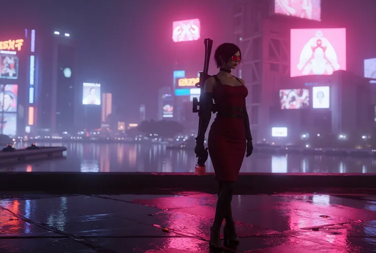Ada Wong in a sleek, futuristic noir setting, standing alone on a rain-slick rooftop under neon lights. She wears her signature red dress redesigned with tactical elegance — high slit, reinforced fabric, and hidden weapons. Her black gloves and thigh holst...