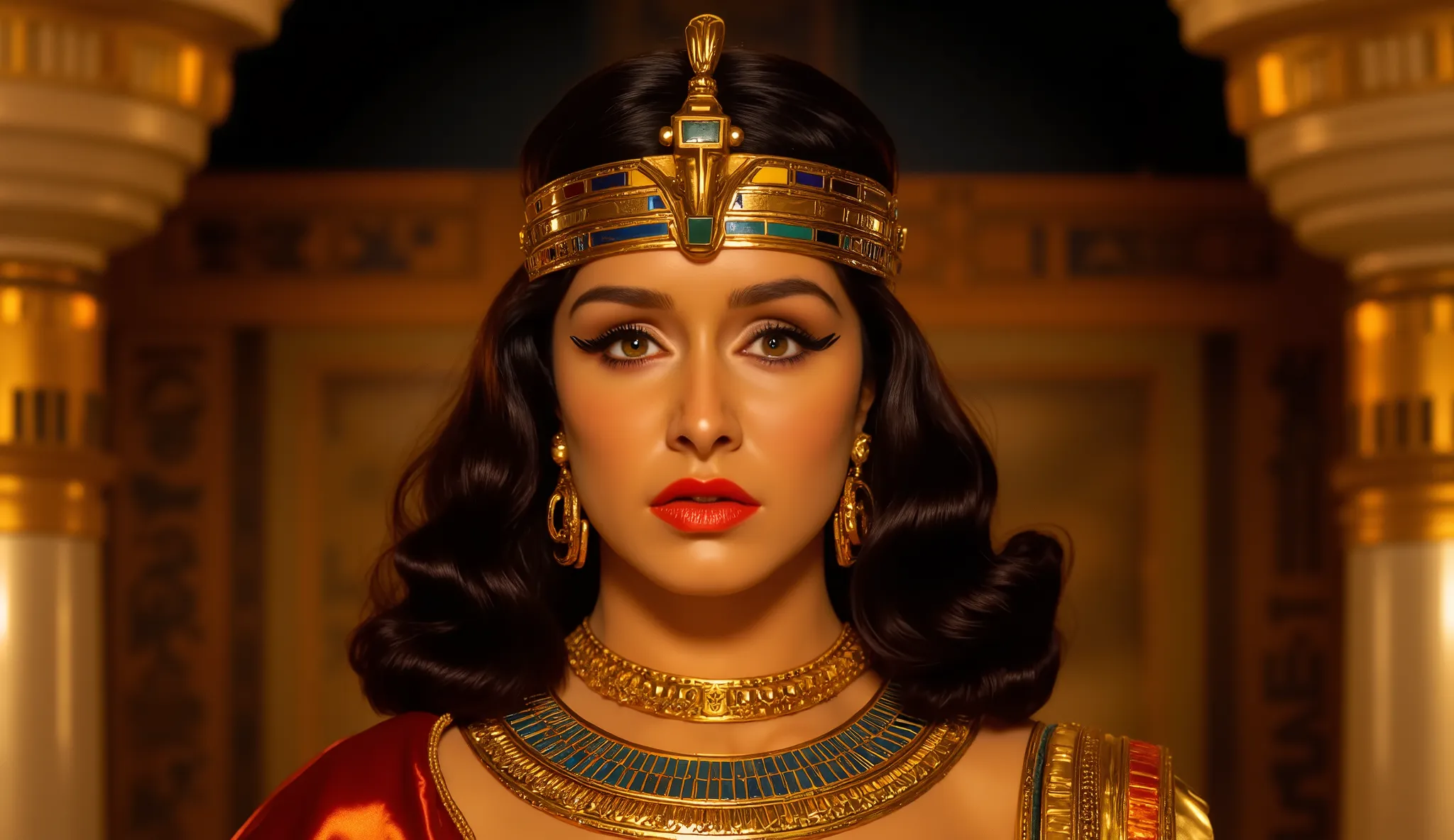 1950d, queen Cleopatra look,bang,eye liner, Egyptian jwellery,mid sho t, waist level, beautiful charming, extraordinary beauty