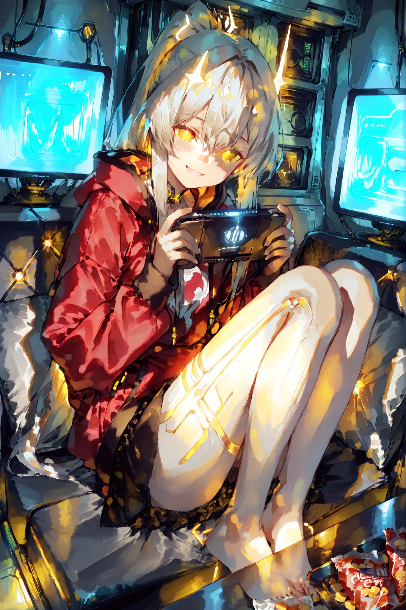 A futuristic age girl sitting on a modern sofa inside a cozy sci-fi room, she has long white ponytail hair, glowing golden eyes, wearing a red hoodie and a short black skirt. She is barefoot, with her feet relaxed on the sofa, holding a sleek, high-tech ha...