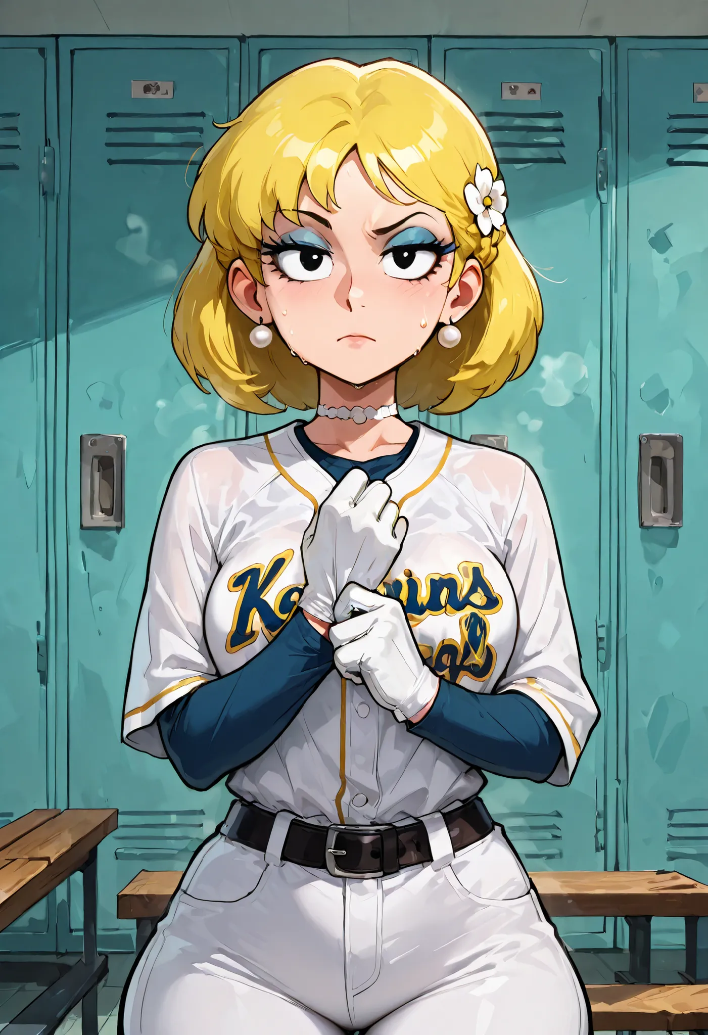Lori Loud. medium breasts, huge hips, blonde hair, black eyes, blue eyeshadow, pearl earrings, white earrings. choker.| masterpiece, best quality, 1girl, solo, hair flower, braided hair ring, baseball jersey, baseball uniform, long sleeves, undershirt, whi...
