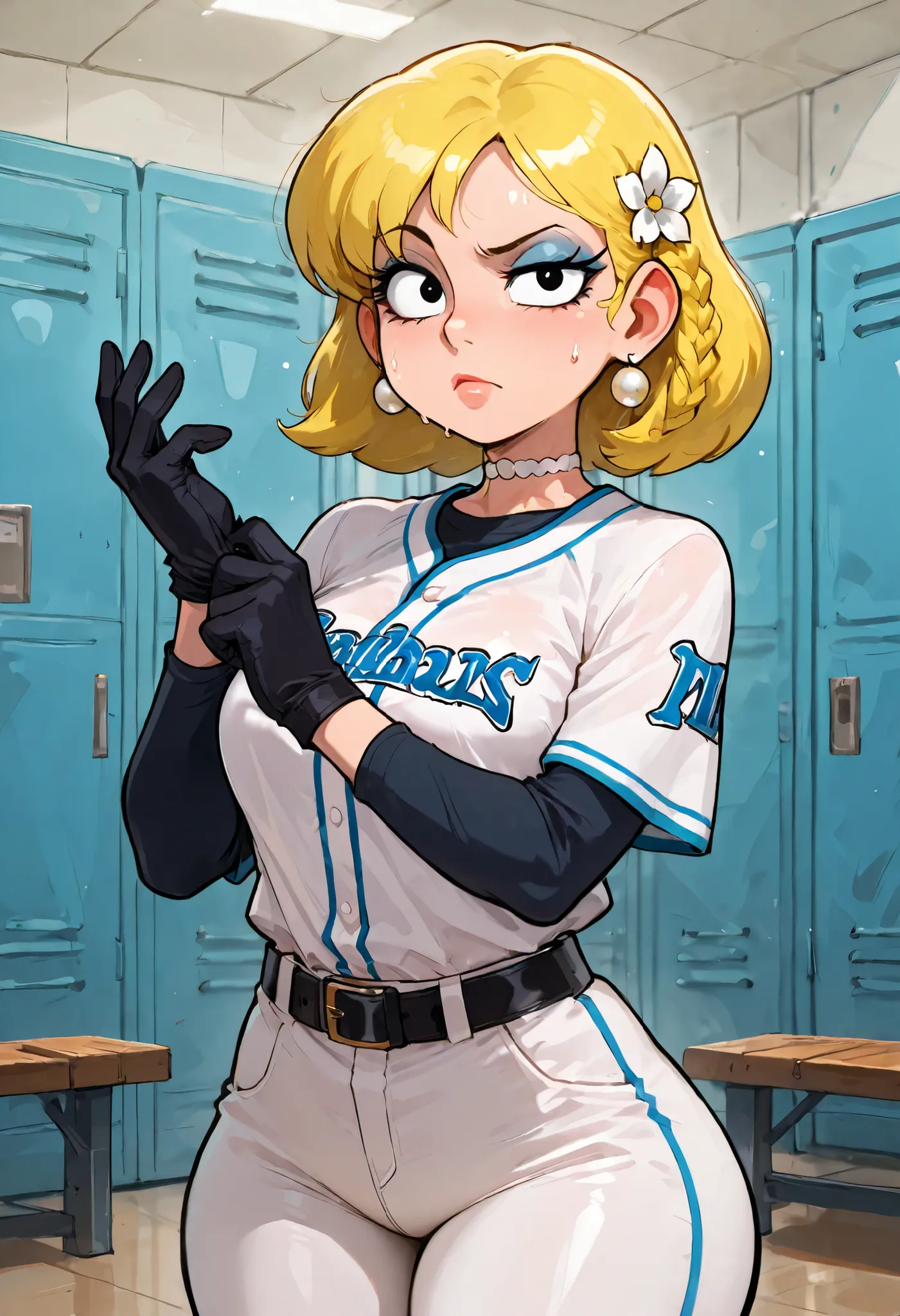 Lori Loud. medium breasts, huge hips, blonde hair, black eyes, blue eyeshadow, pearl earrings, white earrings. choker.| masterpiece, best quality, 1girl, solo, hair flower, braided hair ring, baseball jersey, baseball uniform, long sleeves, undershirt, whi...