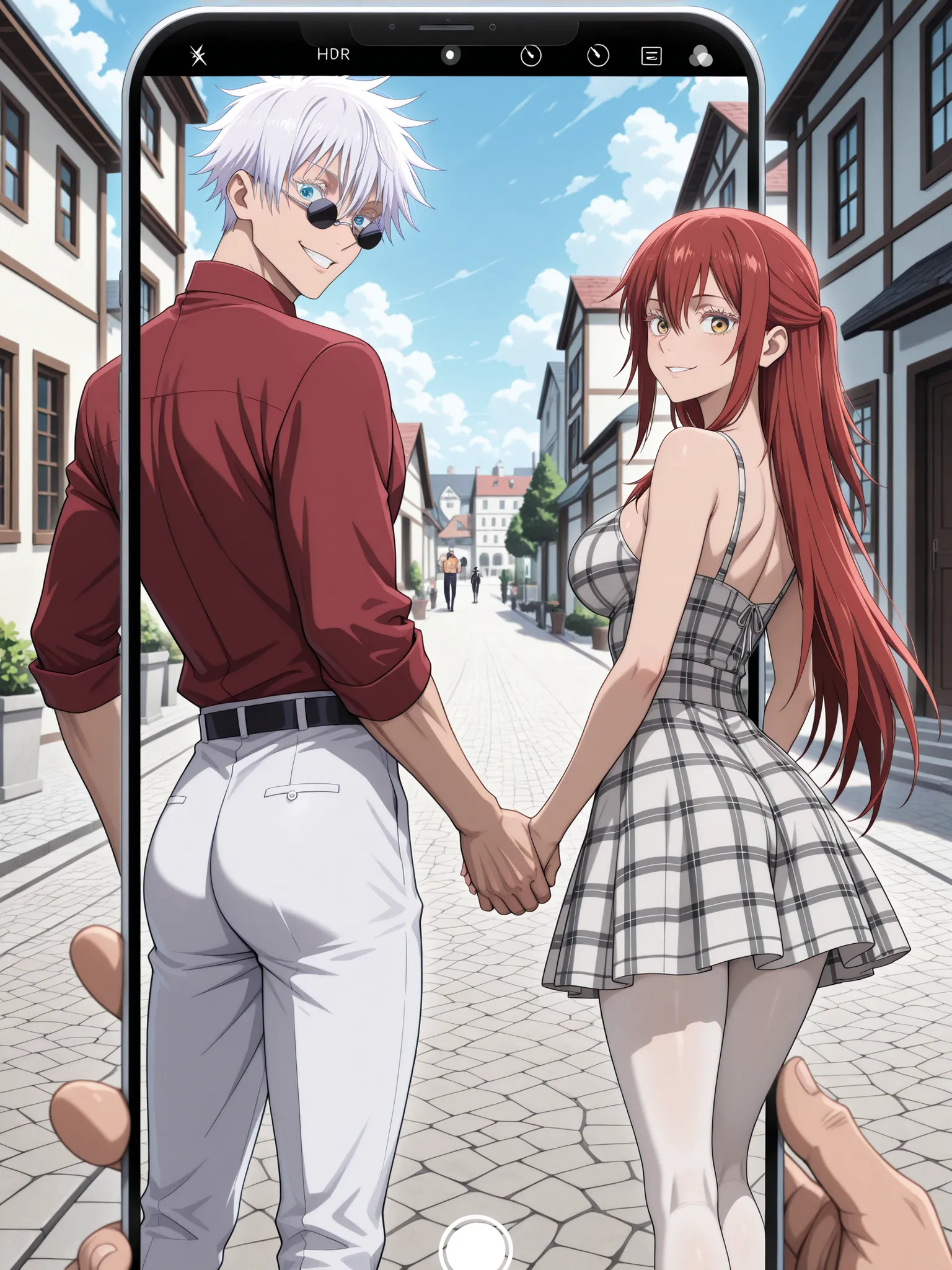 masterpiece, best quality, amazing quality, absurdres, dynamic shot, upper_body, anime screencap, official art, anime style, jujutsu kaisen screencap, smartphone screenshot, making picture, A romantic fantasy scene captured from the perspective of a smartp...
