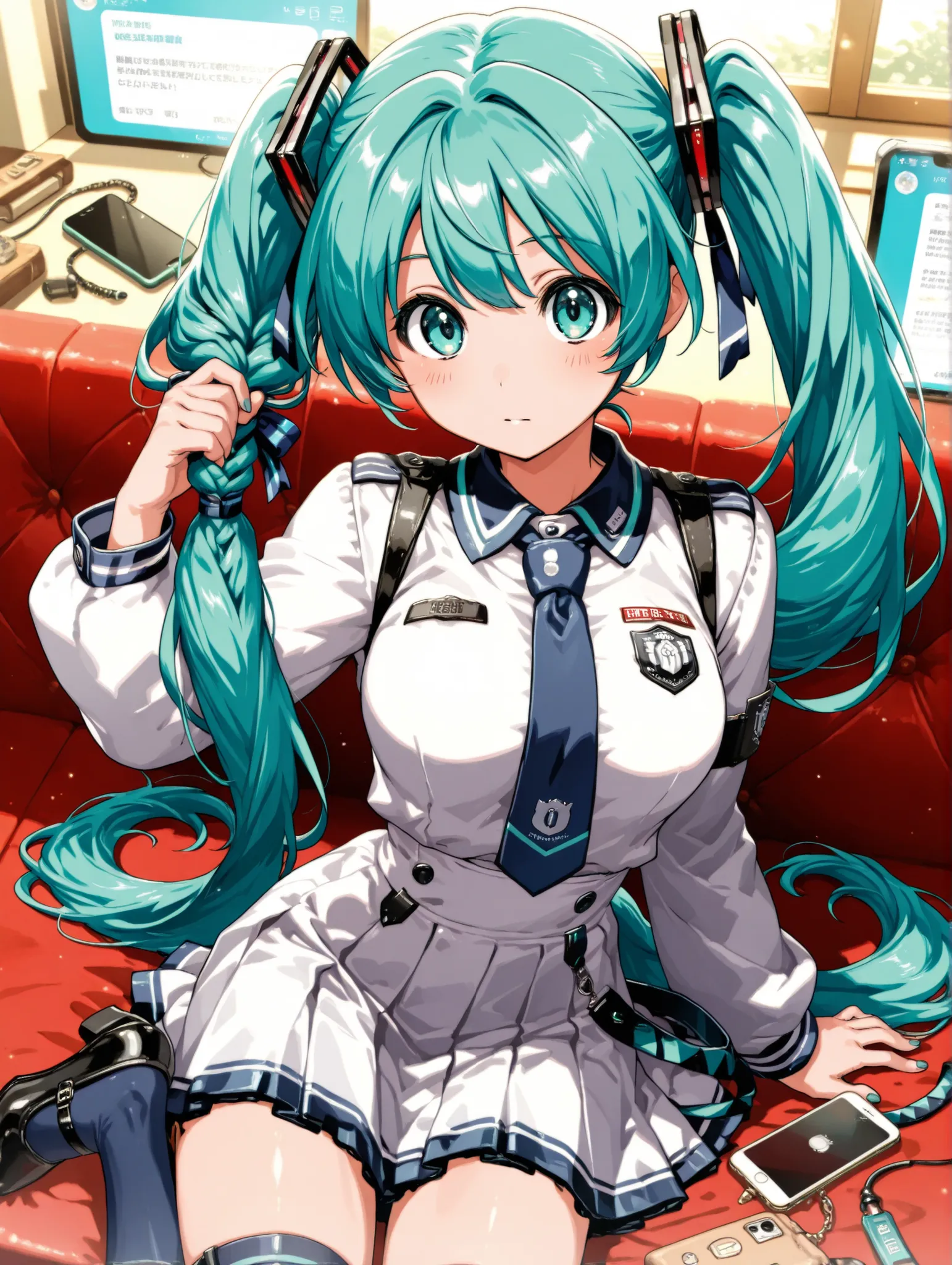 (masterpiece、Highest Quality、Highest Quality、Official Art、beautiful and beautiful:1.2)、(1 girl on break day:1.3)Hatsune Miku、beautiful breasts、light green twin tail、taken through iPhone screen interface, one girl with arms, white pin-tuck blouse with schoo...