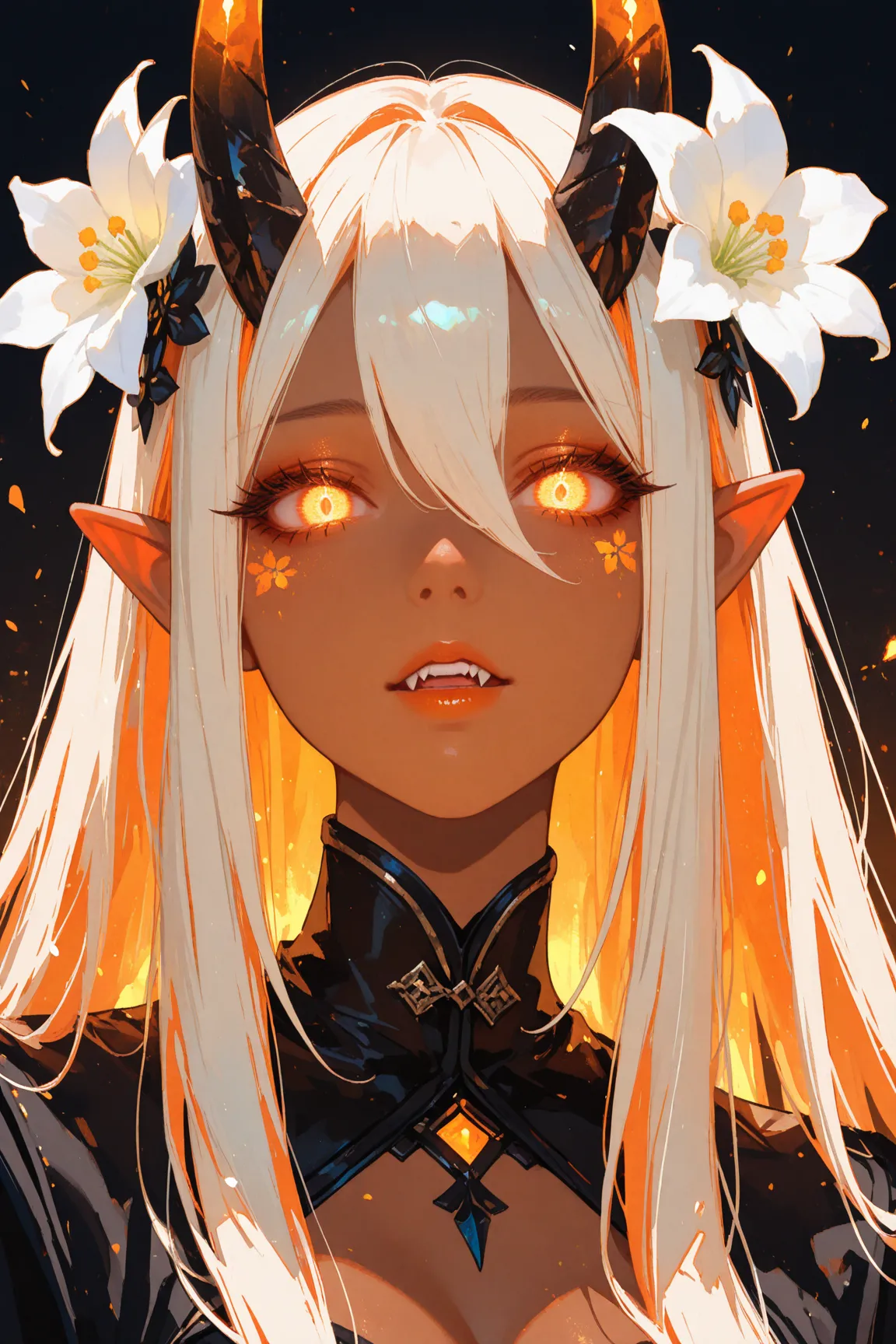 masterpiece, best quality, amazing quality, very awa, absurdres, newest, very aesthetic, 1girl, solo, glowing, flower, glowing_eyes, pointy_ears, hair_flower, looking_at_viewer, hair_ornament, long_hair, horns, orange_theme, bangs, portrait, hair_between_eyes, parted_lips, teeth, dark_skin, lips, eyelashes, fangs, white_flower, dark-skinned_female