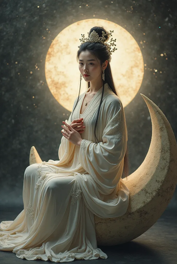 Nanhua style, Buddhism, Guanyin Bosatsu costume, 唐王朝時代の衣装を着た日本人女性, dark background, Radial Light Shines, Sitting on a crescent moon,  Lower your right leg, Japanese woman wearing Tang dynasty costume putting her left foot on top of her right foot, and look at the camera, full body image, showing her right palm next to her chest, lowering her left hand to show her palm