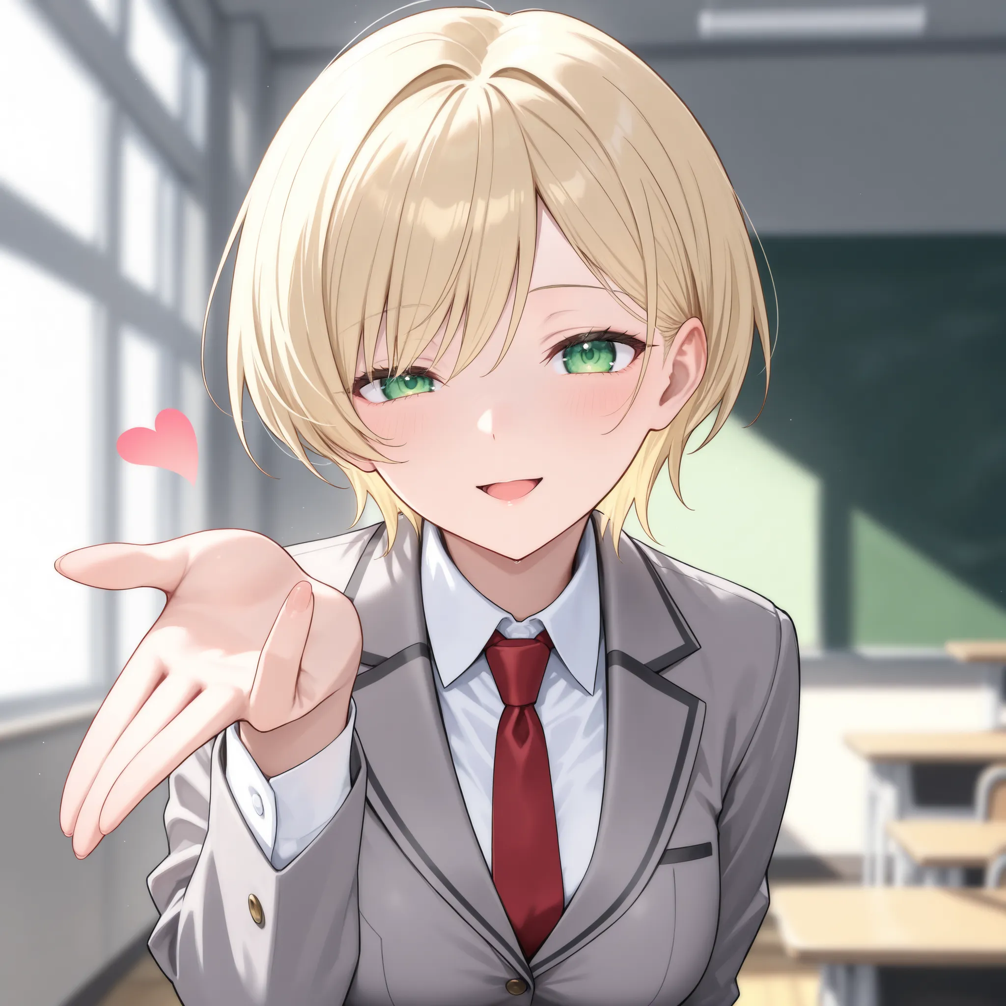 score_9, score_8_up, score_7_up, masterpiece, best quality, detailed face, 1 girl, solo, beautiful, modest chest, slender body, mature, light makeup, adorable, open mouth, sweet smile,
Short hair, blonde hair, right swipe bangs, vibrant green eyes, winking...