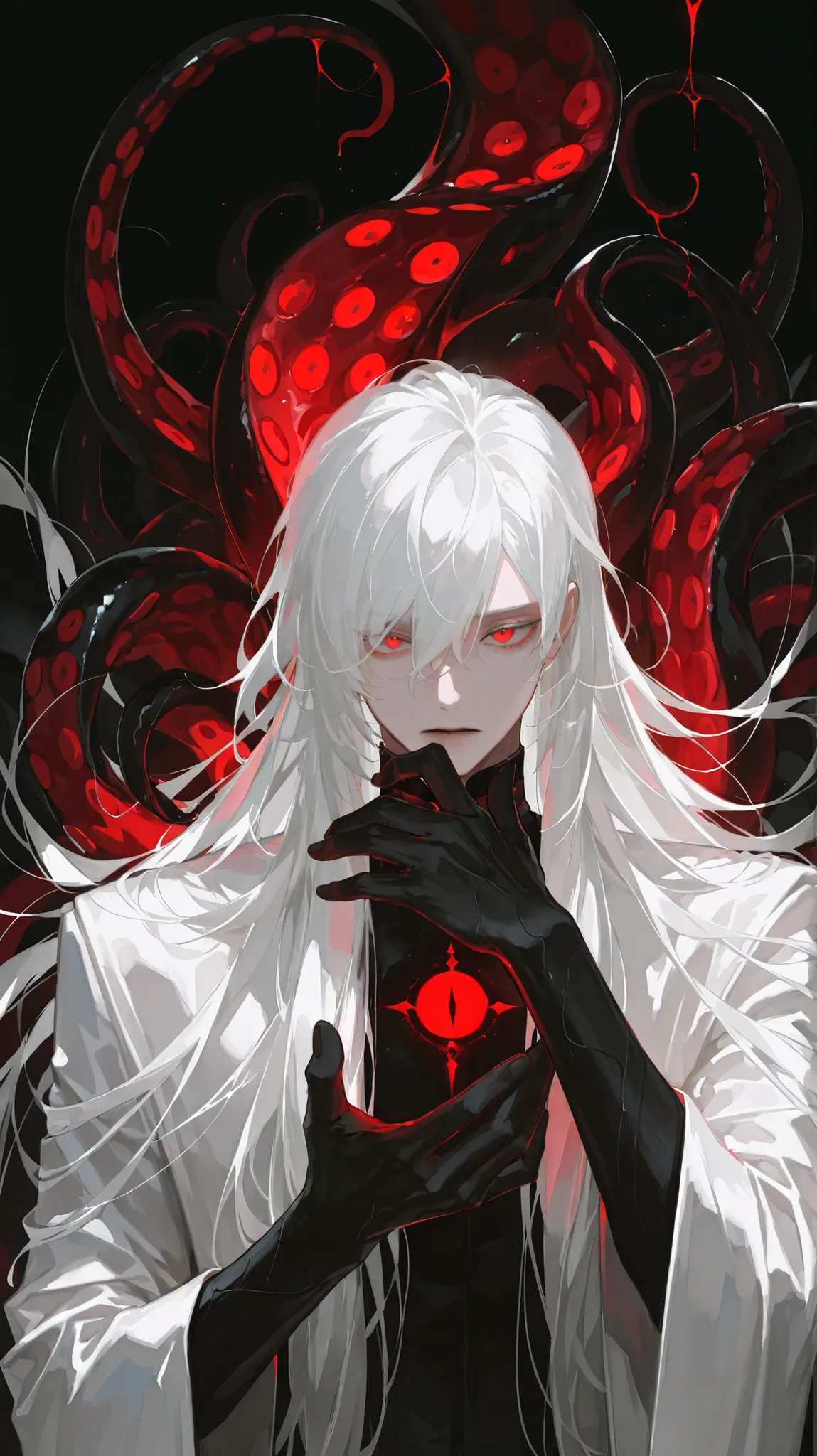 One Man, , male ,Solo , white hair with black hands , long hair , Red Eyes , no expression , Dignity , noble , Hands are black , tentacles