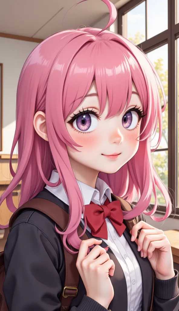 Beautiful Japanese girl with pink hair and pink eyes, animation, Cartoon-like pictures , high school girl, high school girl 의상, Going to school with viewers in the morning, full body photo, Realistic, high resolution, EXQUISITE DETAILS,  Beautiful Youth , energetic expression, warm smile,  Dressing up, On the way to school, Classroom Scene, Sunlit window, soft lighting, Exquisite Textural Expression, Realistic Rendering, vibrant colors, Professional work level, photorealistic