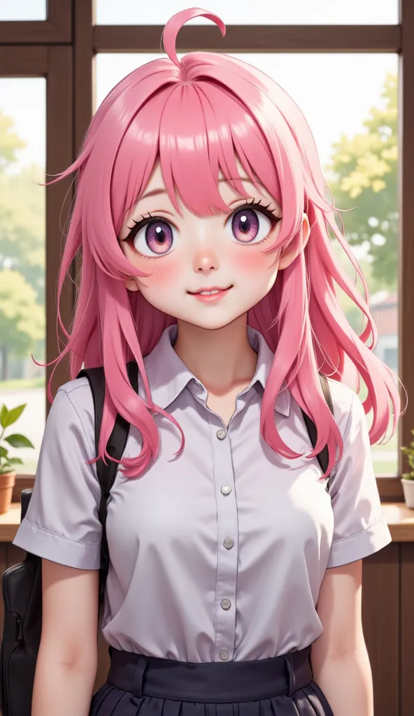 Beautiful Japanese girl with pink hair and pink eyes, animation, Cartoon-like pictures , high school girl, high school girl 의상, Going to school with viewers in the morning, full body photo, Realistic, high resolution, EXQUISITE DETAILS,  Beautiful Youth , energetic expression, warm smile,  Dressing up, On the way to school, Classroom Scene, Sunlit window, soft lighting, Exquisite Textural Expression, Realistic Rendering, vibrant colors, Professional work level, photorealistic