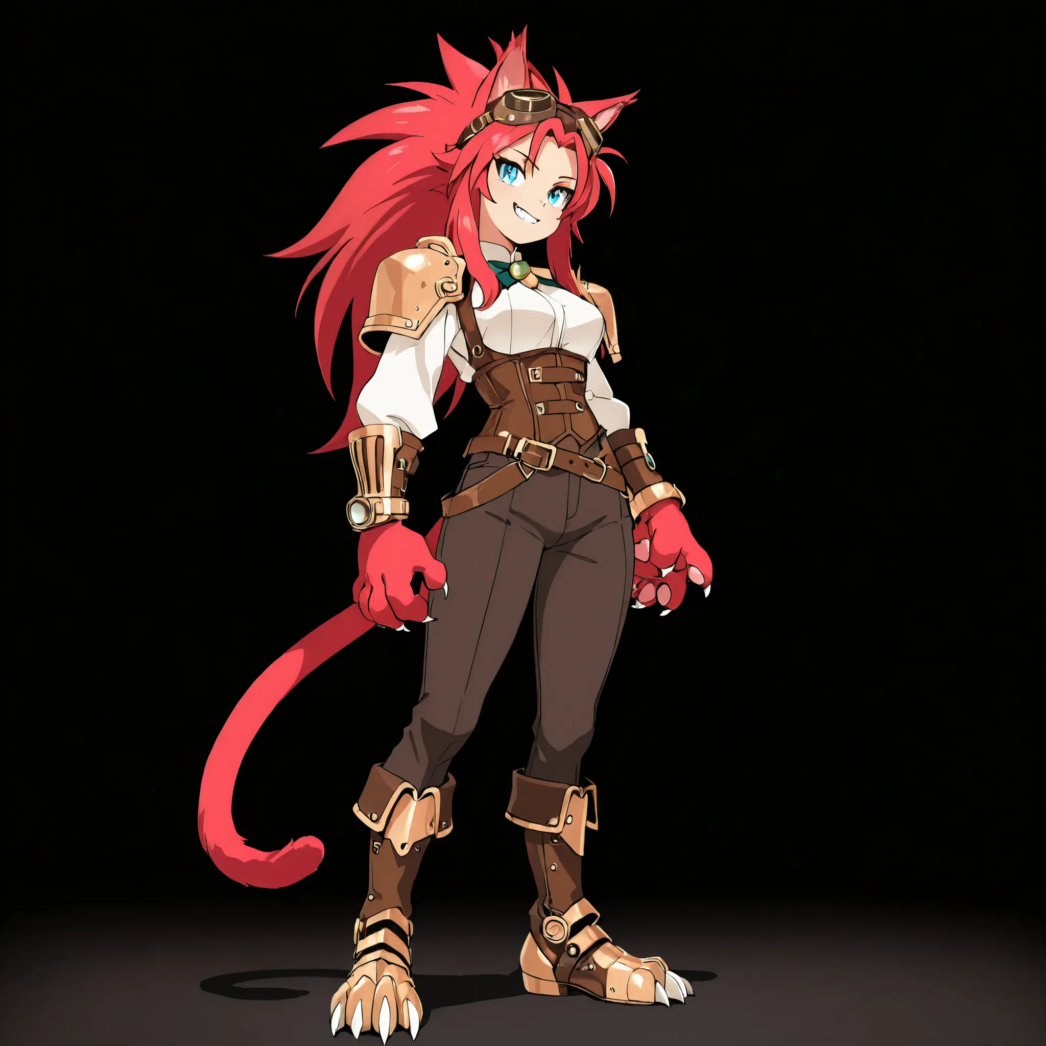 ((solo:5.5)), best quality, masterpiece, 2d, intricate details, anime, anime style, full body picture, ((front side view)), catgirl, 1girl, red hair, spiked hair, blue eyes, enchanting eyes, wild hair, long hair, fanged smile, animal ears, red ears, red ca...