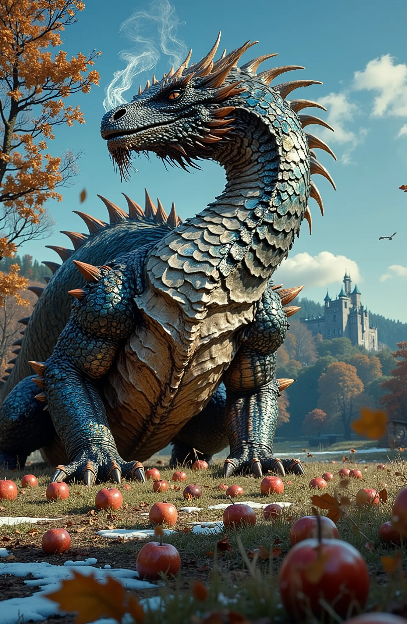 A low angle looking vertically up at the full—length figure of the huge final antagonist - a huge, terrifyingly beautiful fantastic dragon covered with iridescent mirrored holographic scales that shimmer brightly in the sun. He is pictured in the garden in...