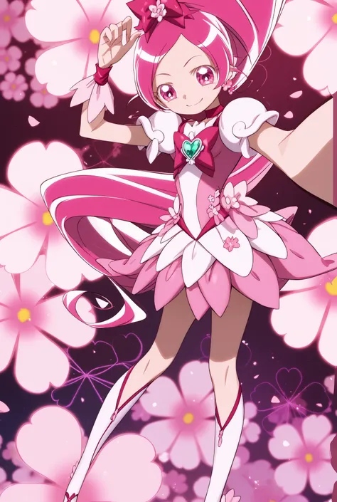 Heart Catch Pretty Cure、cure blossom、Cherry blossom dancing background 、 Slim、Small breasts、Shiny on the skin、smile、cute pose、side angle、