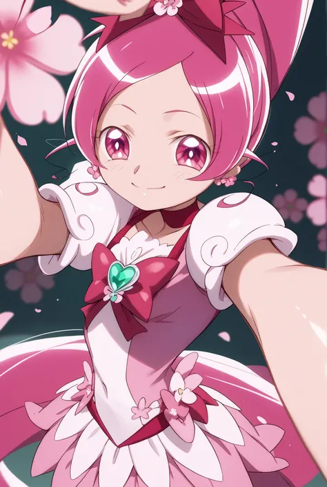 Heart Catch Pretty Cure、cute、cure blossom、Cherry blossom dancing background 、 Slim、Small breasts、Shiny on the skin、smile、cuteポーズ、selfie、