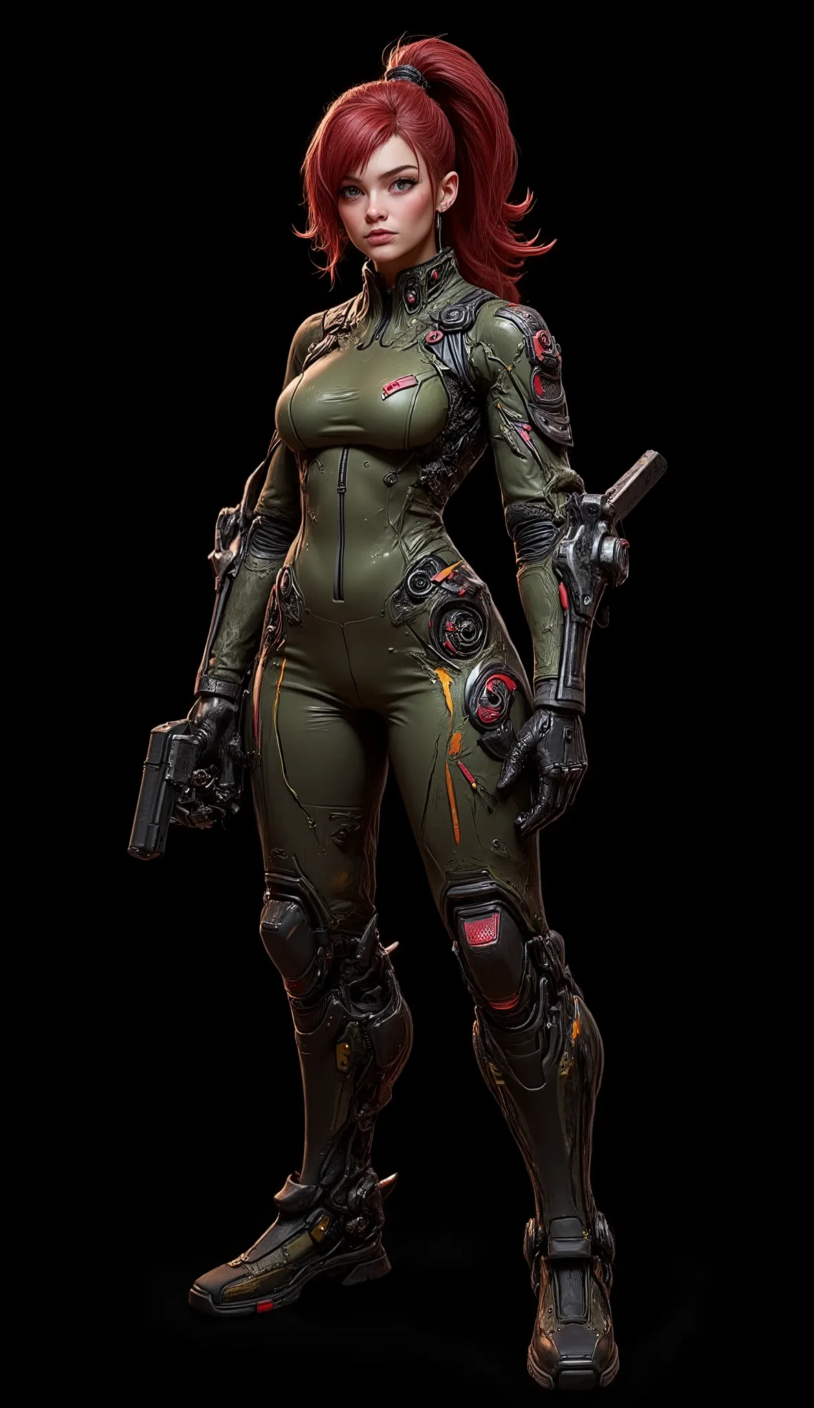 Full image of a 20 year old woman, high quality, 4k, she is a futuristic warrior, very pretty, redhead with abundant hair and a ponytail that reaches her waist, her wavy hair falls over her small breasts. Tiny chest, very small chest, bangs, very detailed ...