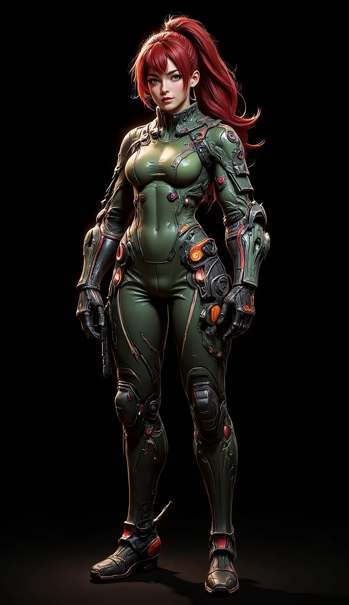 Full image of a 20 year old woman, high quality, 4k, she is a futuristic warrior, very pretty, redhead with abundant hair and a ponytail that reaches her waist, her wavy hair falls over her small breasts. Tiny chest, very small chest, bangs, very detailed ...