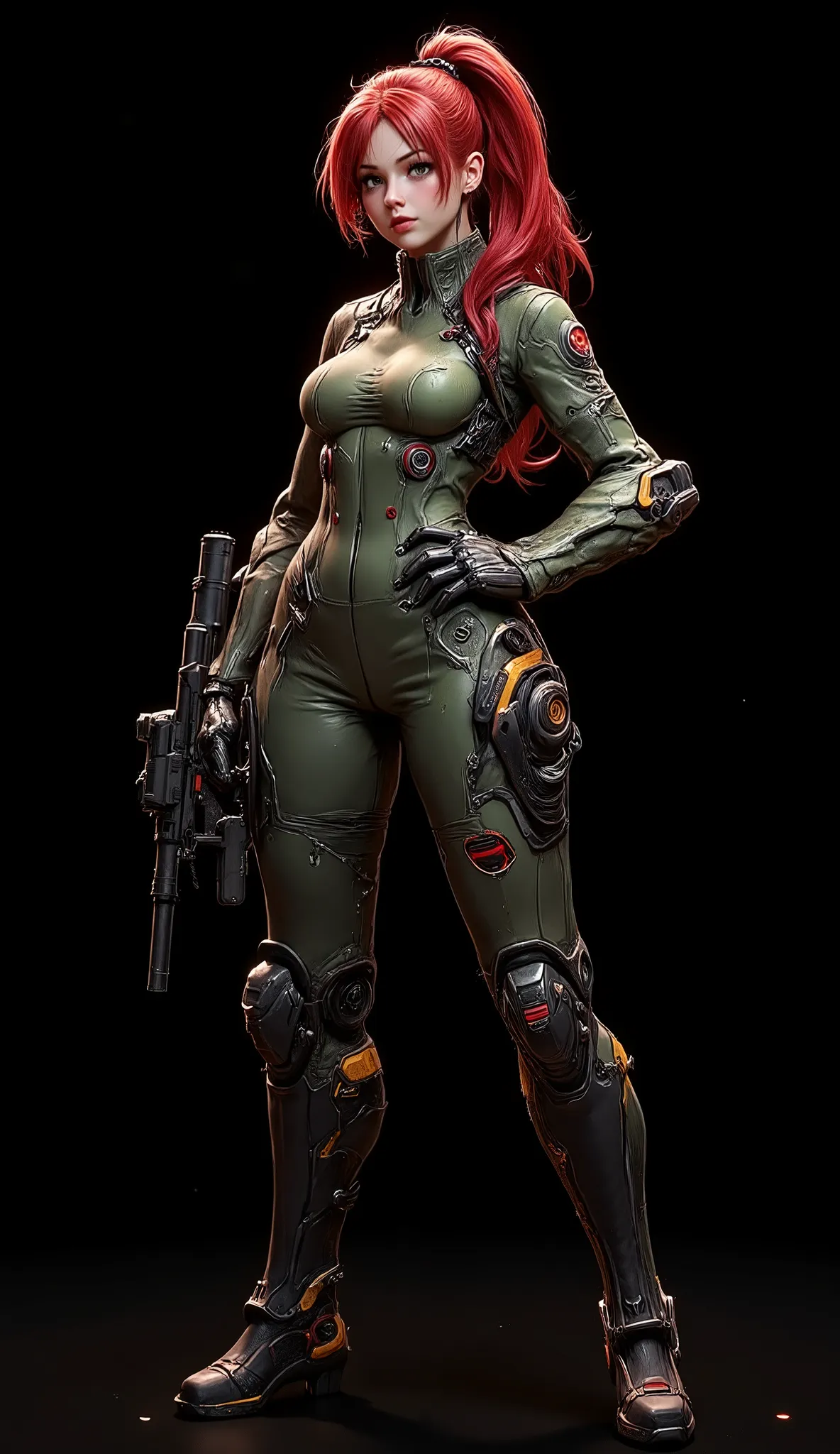 Full image of a 20 year old woman, high quality, 4k, she is a futuristic warrior, very pretty, redhead with abundant hair and a ponytail that reaches her waist, her wavy hair falls over her small breasts. Tiny chest, very small chest, bangs, very detailed ...