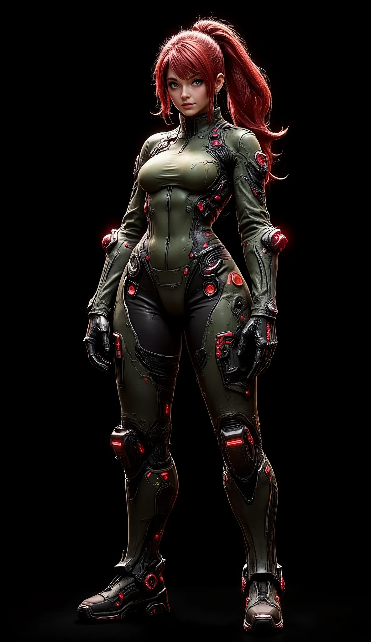 Full image of a 20 year old woman, high quality, 4k, she is a futuristic warrior, very pretty, redhead with abundant hair and a ponytail that reaches her waist, her wavy hair falls over her small breasts. Tiny chest, very small chest, bangs, very detailed ...