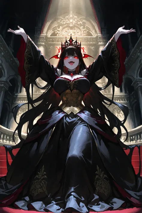 ((detailed:1, masterpiece:2, amazing eyes:1)), woman, large breast, long flowing black hair, red glowing eyes, vampire fang, pale skin, black royal gown, flowing long skirt, gold corset, both arms open up, mouth open, welcoming, gothic opera house backgrou...