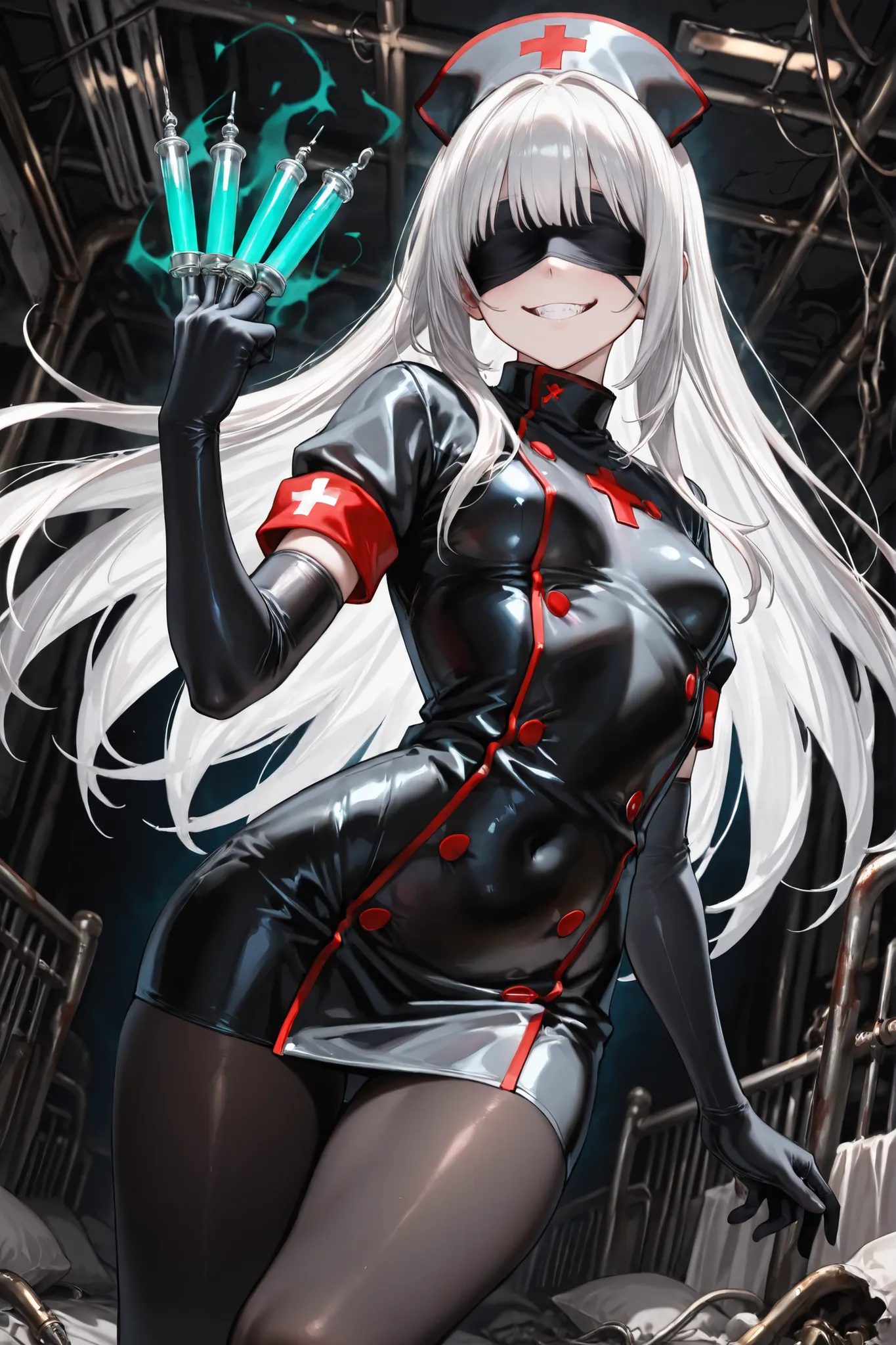 ((Masterpiece)),((best quality)),((incredibly absurdres)),((8K)),(semi realistic),
1 girl,solo,young female,aged up,kawaii,white hair,long hair,straight hair,small breasts,
(black full blindfold),nurse,black nurse,black nurse cap,black dress,black pantyhos...