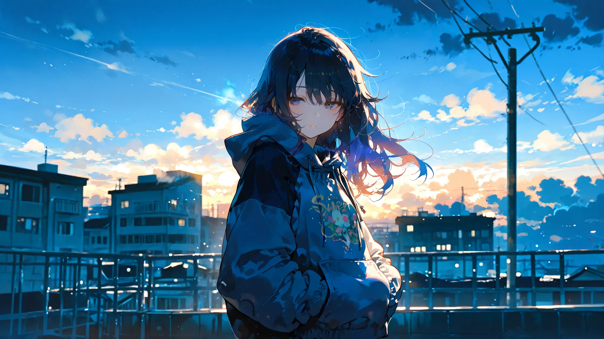 1girl, age girl standing on a school rooftop under a cloudy sky, slightly hunched, hands in hoodie pockets, introspective expression, wind blowing her hair slightly, city in the background, no direct sunlight, lonely mood, (((masterpiece))), (((best qualit...