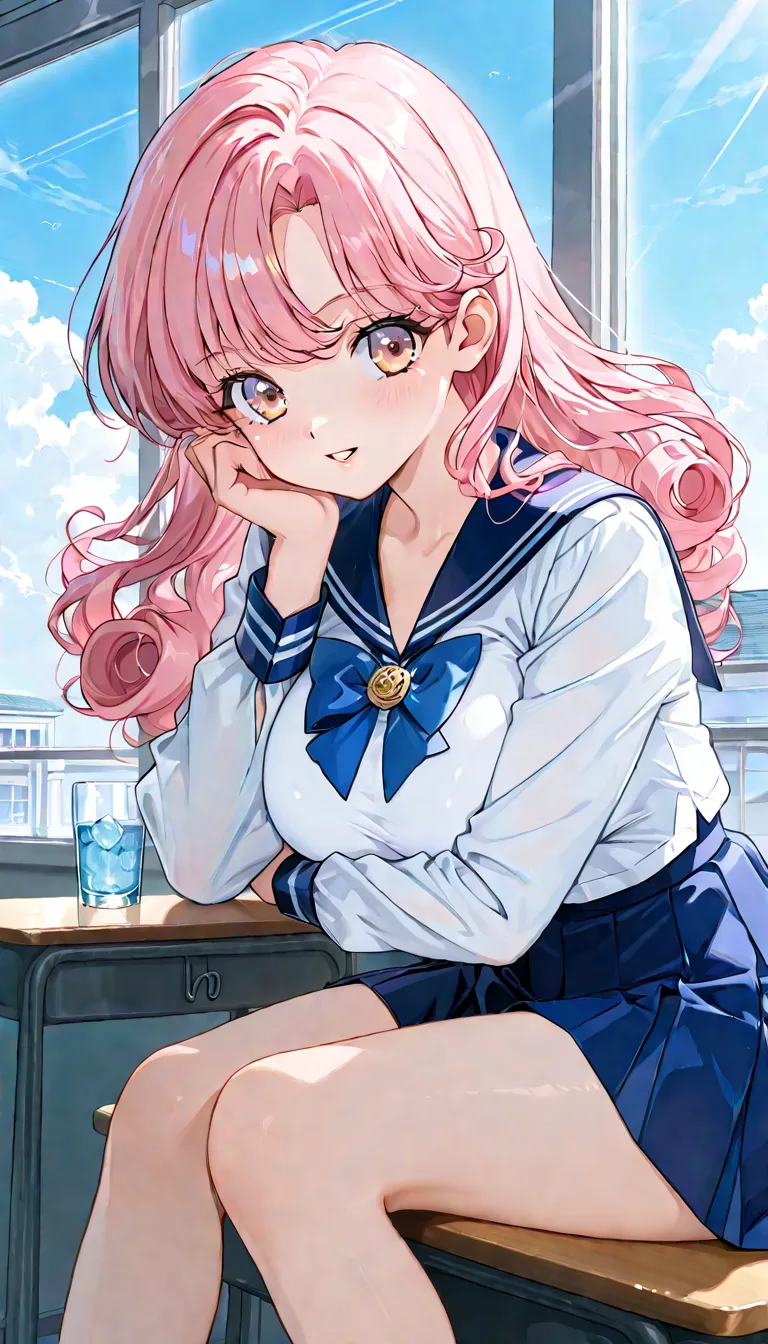 1 female, solo,  for women, Beautiful woman in sailor suit, seifuku,  pastel blue , Have short pink curly hair and golden eyes, Big Breasts , glass,  in the classroom,  sitting by the window, detailed background 