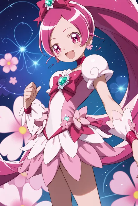 Heart Catch Pretty Cure、cute、cure blossom、 cosmic background 、 Slim、Small breasts、Shiny on the skin、 happy、cuteポーズ、