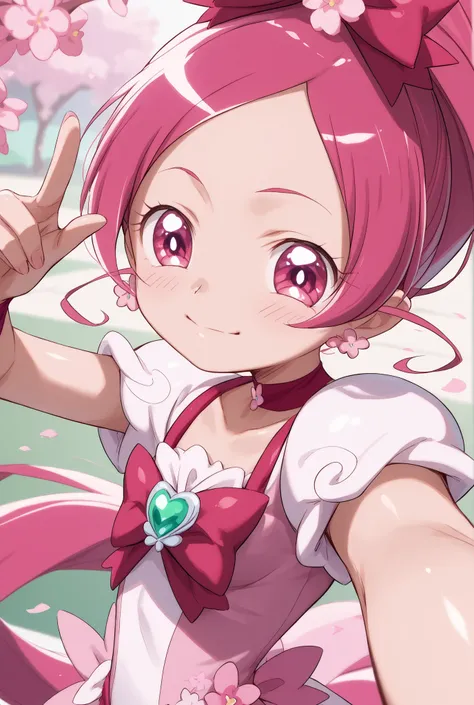 Heart Catch Pretty Cure、cute、cure blossom、Cherry blossom dancing background 、 Slim、Small breasts、Shiny on the skin、fun、cuteポーズ、selfie、