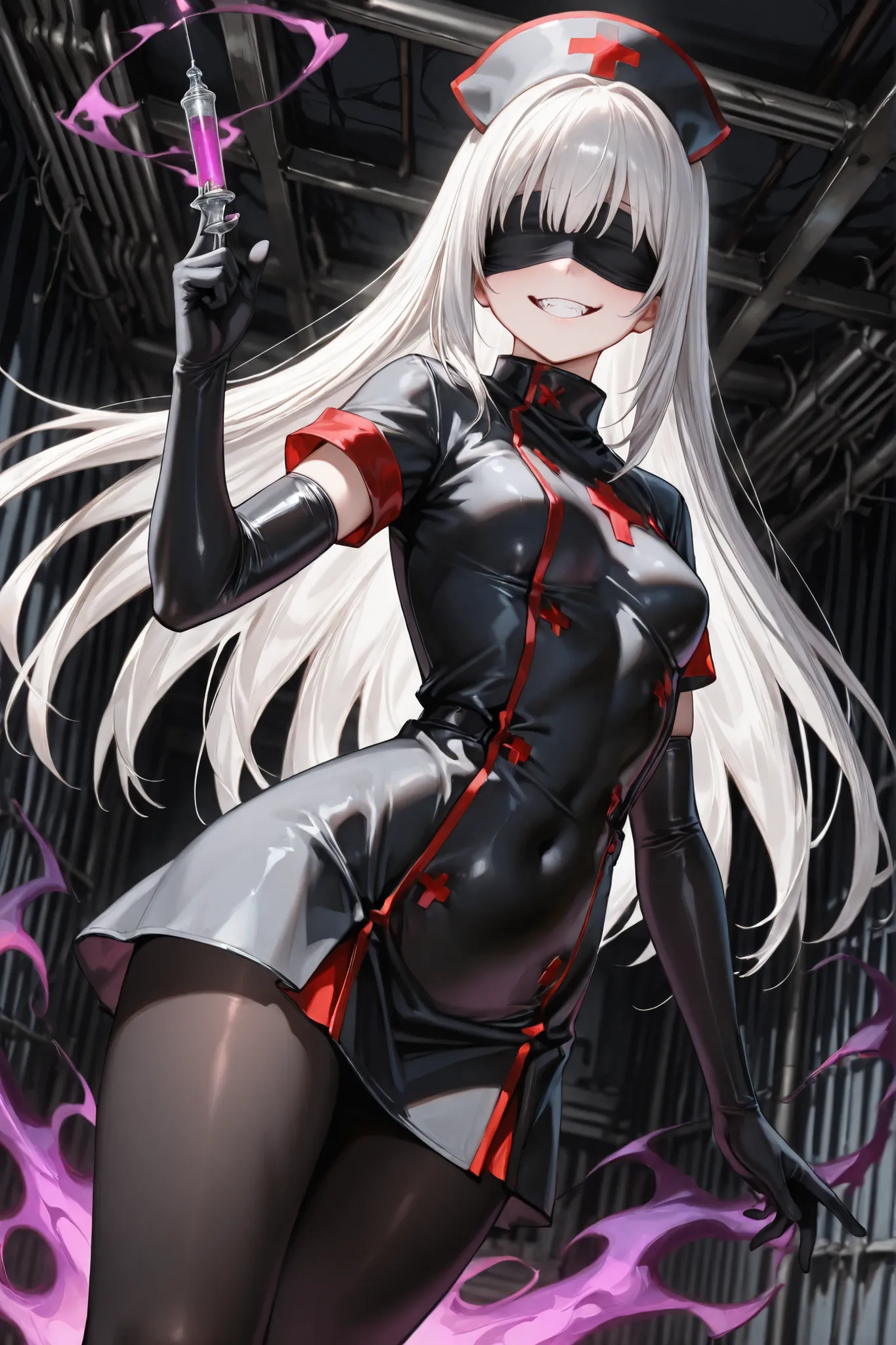 ((Masterpiece)),((best quality)),((incredibly absurdres)),((8K)),(semi realistic),
1 girl,solo,young female,aged up,kawaii,white hair,long hair,straight hair,small breasts,
(black full blindfold),nurse,black nurse,black nurse cap,black dress,black pantyhos...