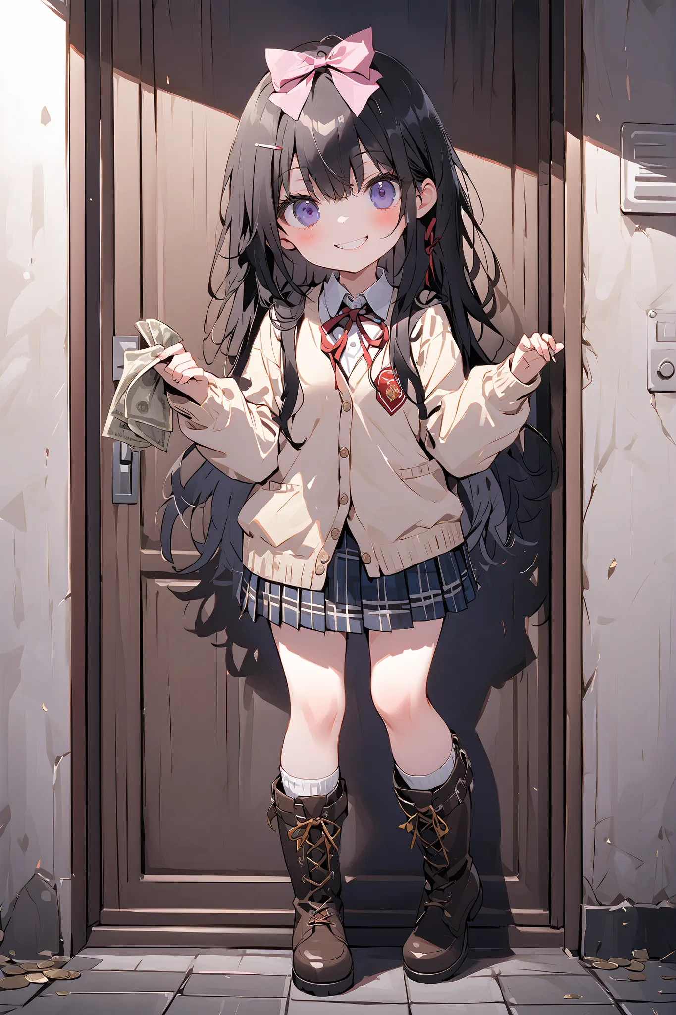 one girl with arms、schools、uniform、cardigan with boots leaning against the wall 、plaid pleated mini skirt with a bundle of money in hand、white shirt、black hair、long hair、ribbon on head、(elementary school student)、ren、smile、full body image